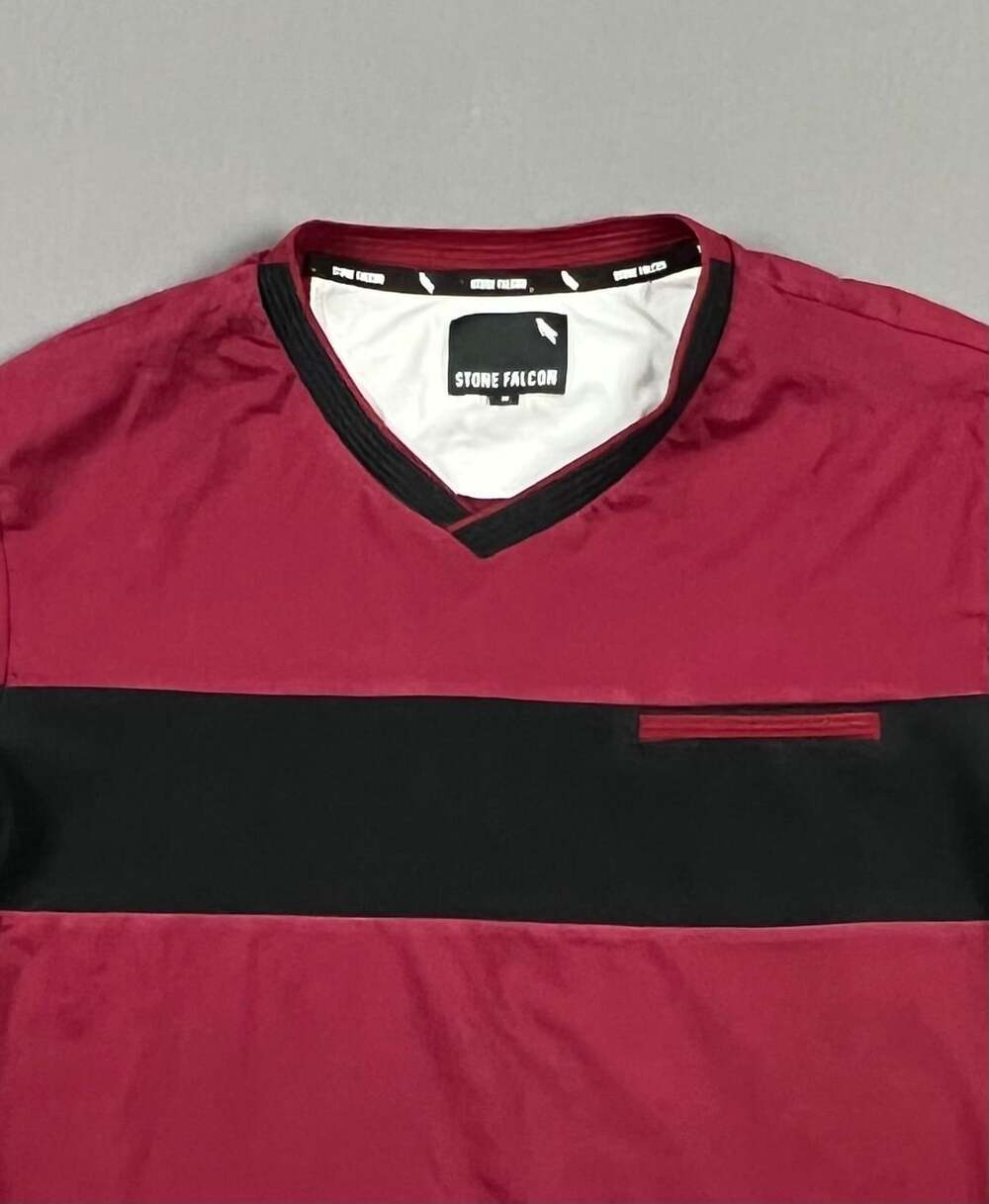 Stone Falcon Men's Maroon and Black Color-Block Short Sleeve V-Neck T-Shirt Size